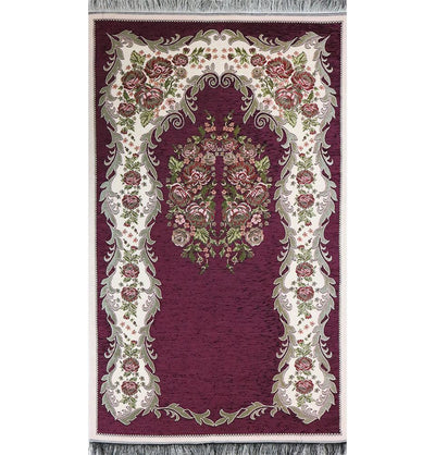Chenille Embroidered Floral Rose Islamic Prayer Mat - Dark Purple