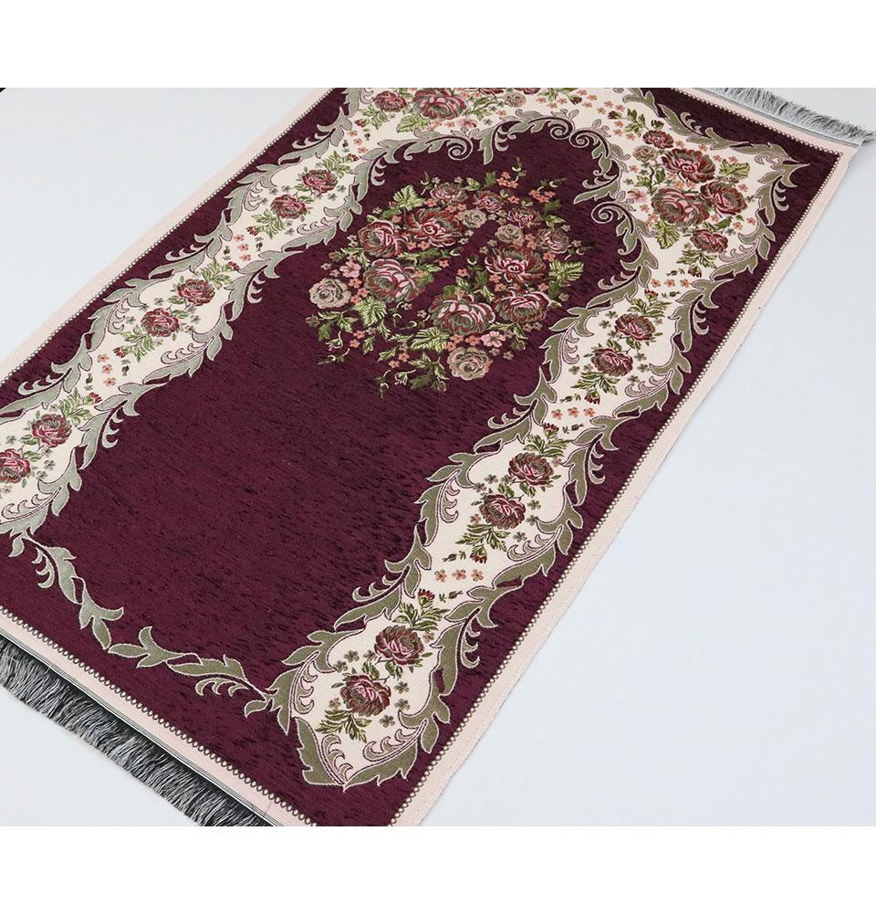 Chenille Embroidered Floral Rose Islamic Prayer Mat - Dark Purple