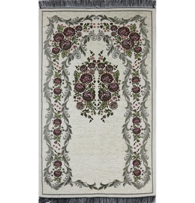 Chenille Embroidered Floral Rose Islamic Prayer Mat - Ivory