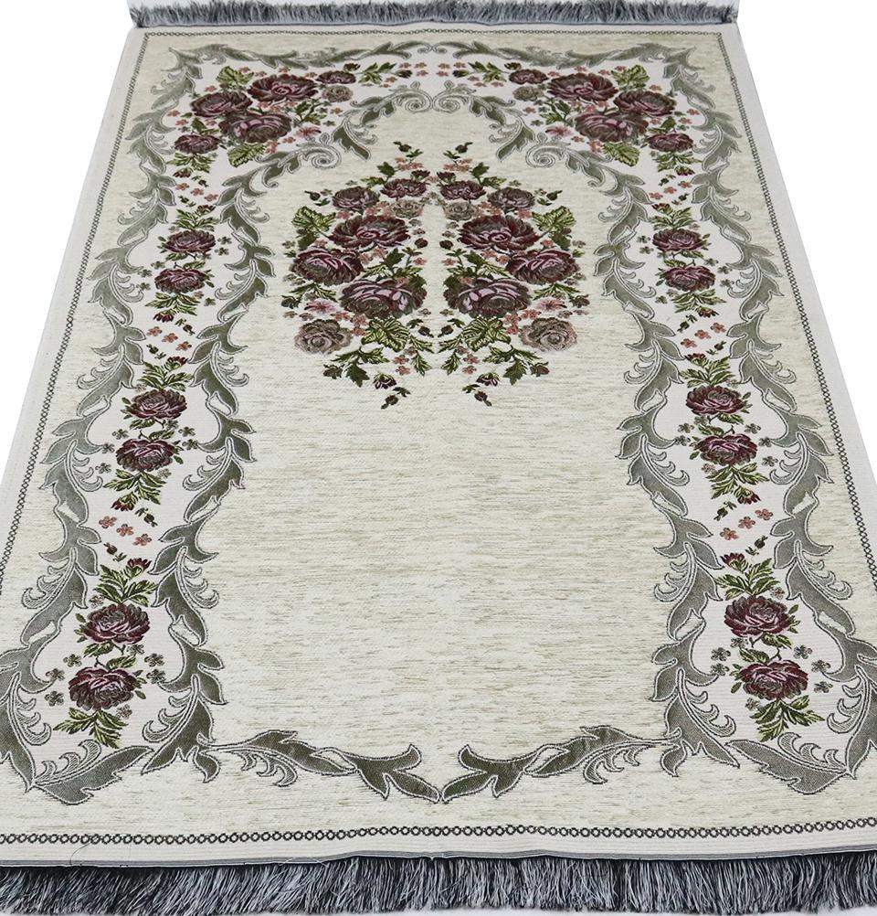 Chenille Embroidered Floral Rose Islamic Prayer Mat - Ivory