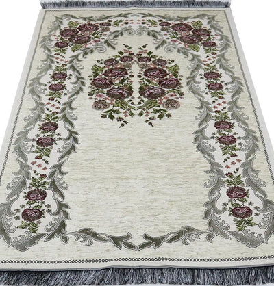 Chenille Embroidered Floral Rose Islamic Prayer Mat - Ivory