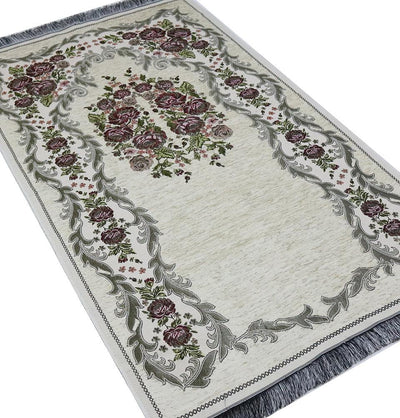 Chenille Embroidered Floral Rose Islamic Prayer Mat - Ivory