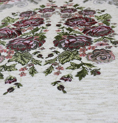 Chenille Embroidered Floral Rose Islamic Prayer Mat - Ivory