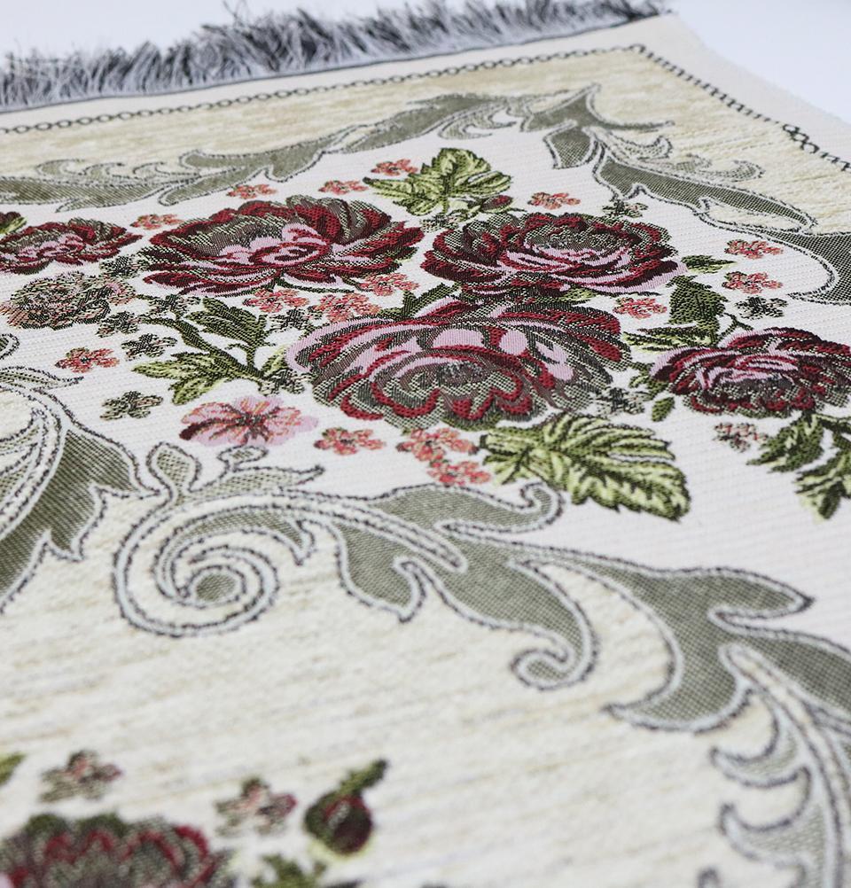 Chenille Embroidered Floral Rose Islamic Prayer Mat - Ivory