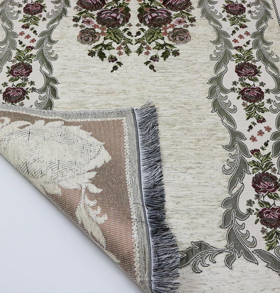 Chenille Embroidered Floral Rose Islamic Prayer Mat - Ivory