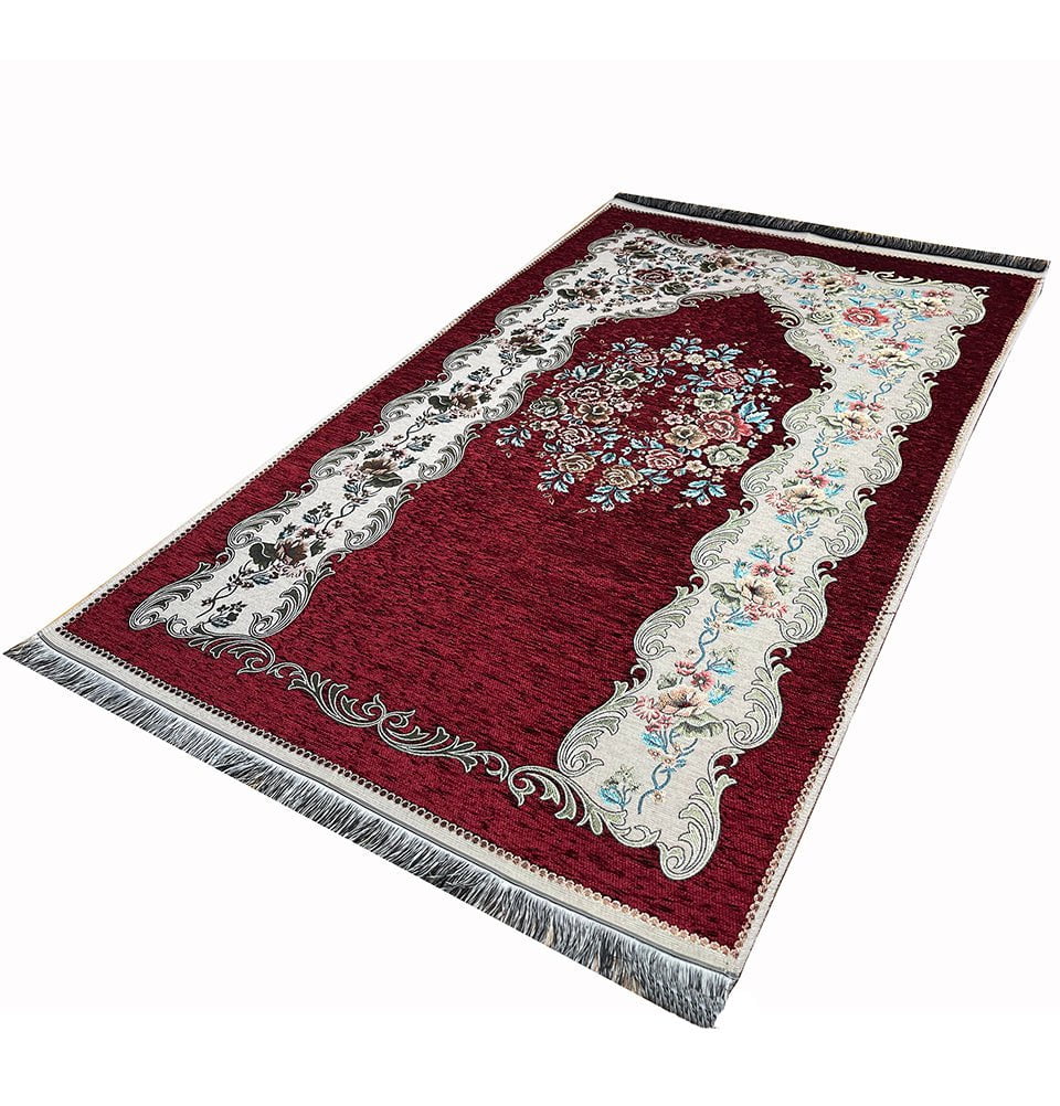 Modefa Prayer Rug Chenille Embroidered Floral Rose Islamic Prayer Mat - Red
