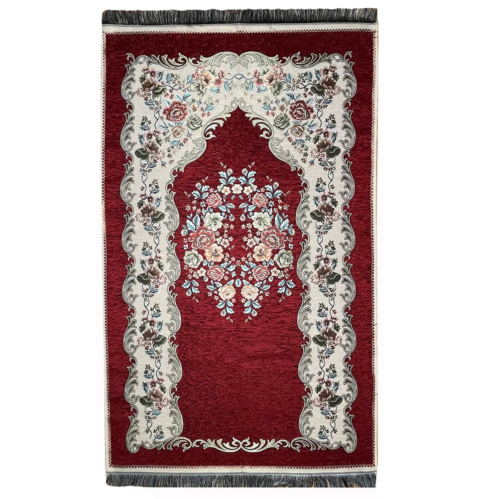 Modefa Prayer Rug Chenille Embroidered Floral Rose Islamic Prayer Mat - Red