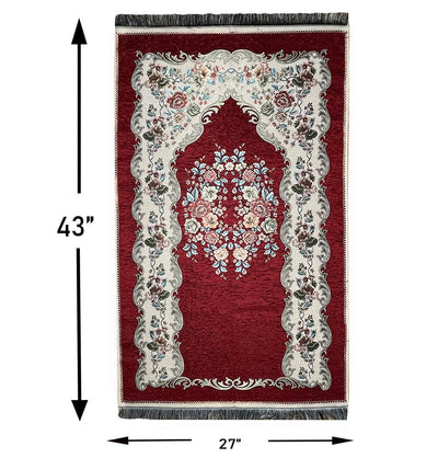 Modefa Prayer Rug Chenille Embroidered Floral Rose Islamic Prayer Mat - Red