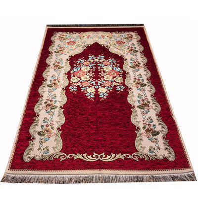 Modefa Prayer Rug Chenille Embroidered Floral Rose Islamic Prayer Mat - Red