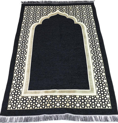 Modefa Prayer Rug Chenille Embroidered Selcuk Star Islamic Prayer Mat - Black