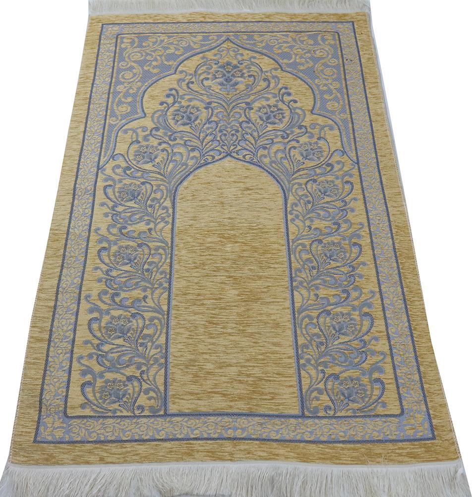 Chenille Simple Vine Swirl Islamic Prayer Mat - Beige/Blue