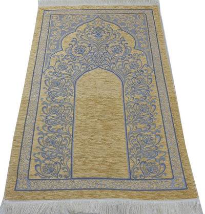 Chenille Simple Vine Swirl Islamic Prayer Mat - Beige/Blue
