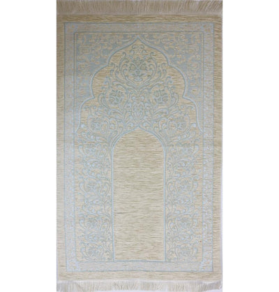 Chenille Simple Vine Swirl Islamic Prayer Mat - Creme/Blue