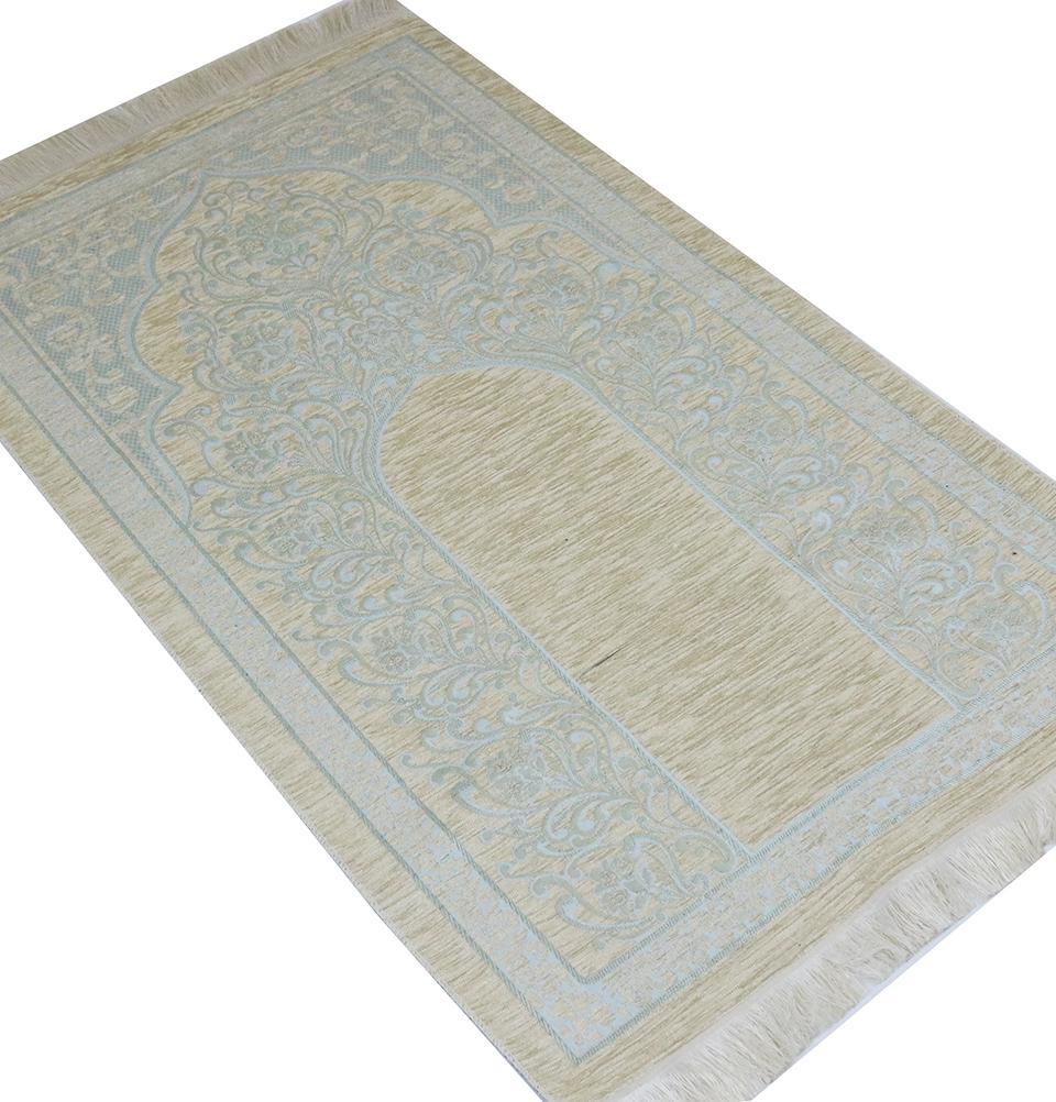 Chenille Simple Vine Swirl Islamic Prayer Mat - Creme/Blue