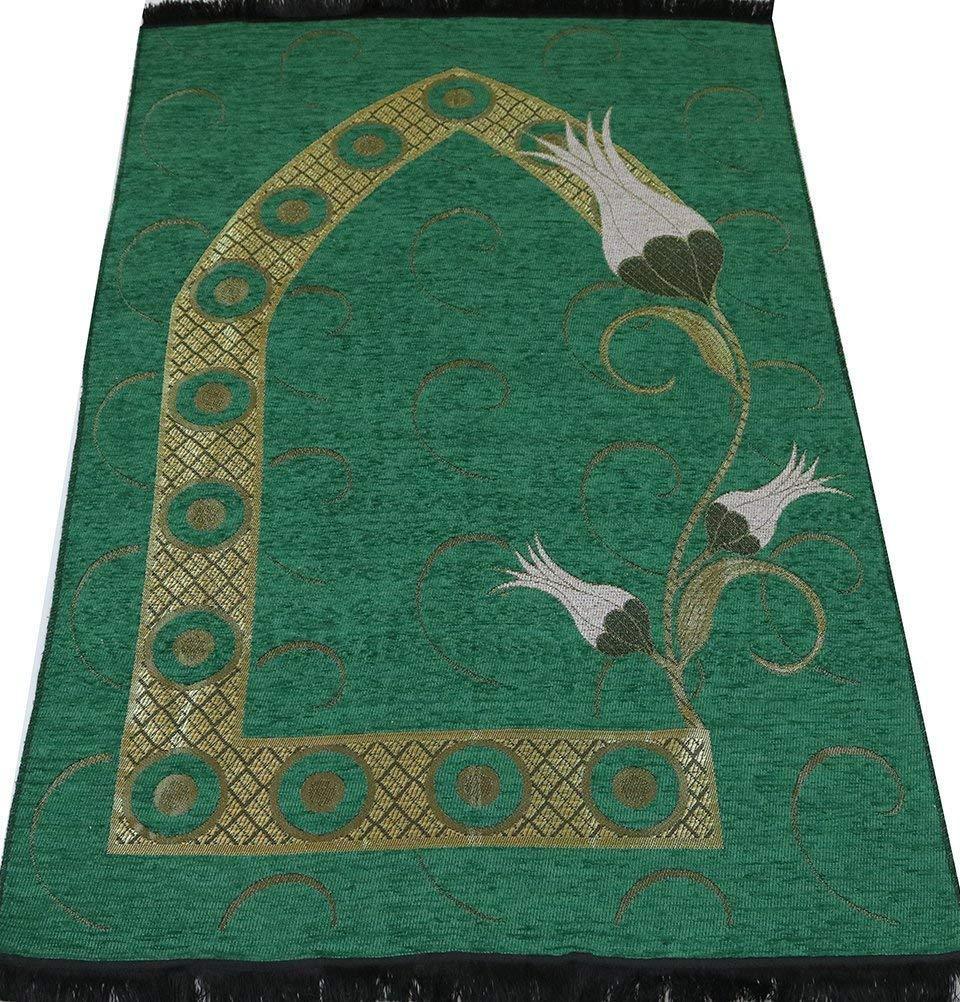 Chenille Woven Islamic Prayer Mat - Turkish Tulip Green