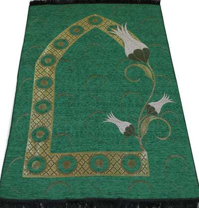 Chenille Woven Islamic Prayer Mat - Turkish Tulip Green