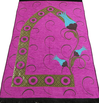 Chenille Woven Islamic Prayer Mat - Turkish Tulip Pink/Blue