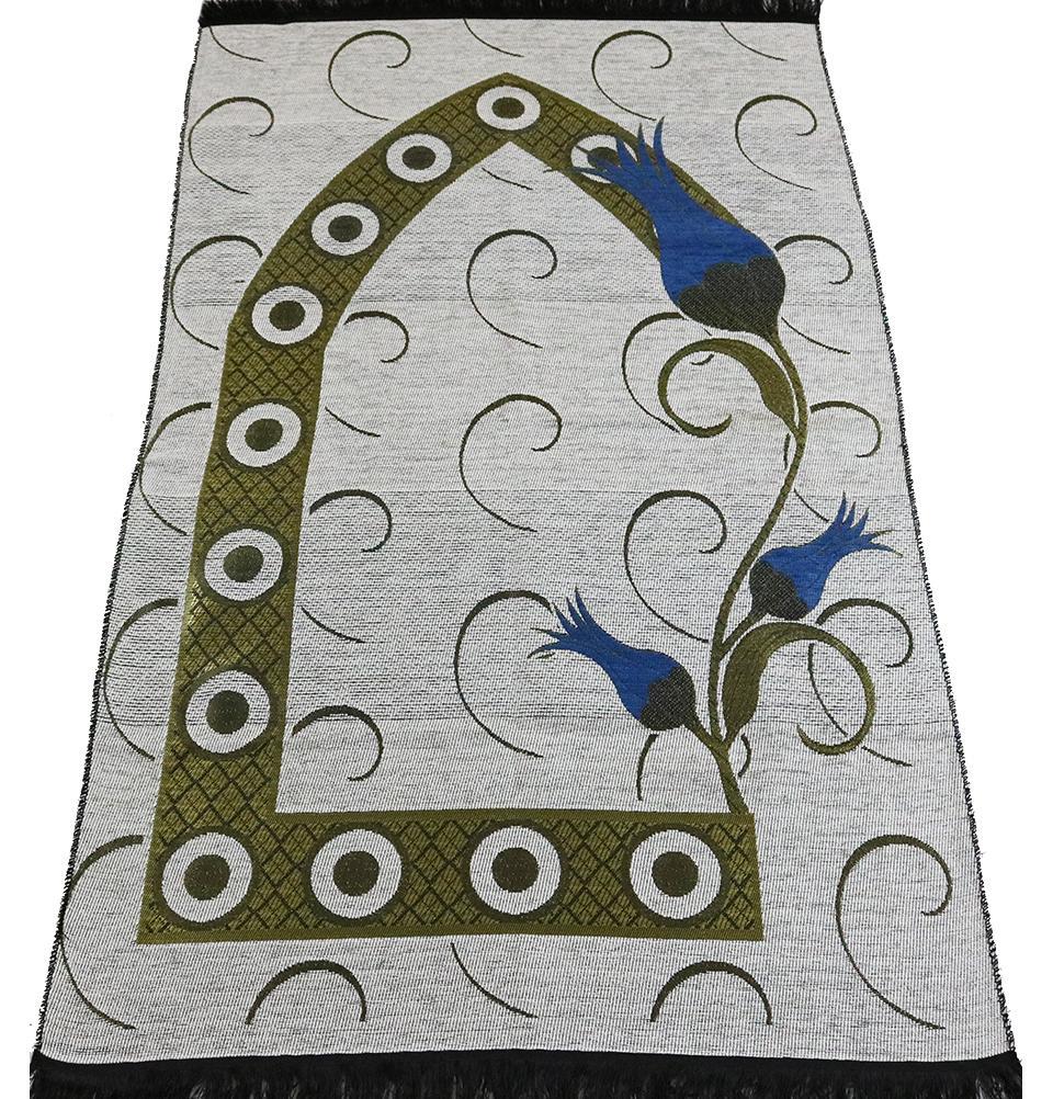 Chenille Woven Islamic Prayer Mat - Turkish Tulip White/Blue