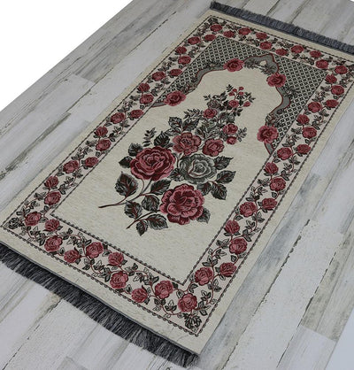 Chenille Embroidered Floral Rose Islamic Prayer Mat - Creme #2