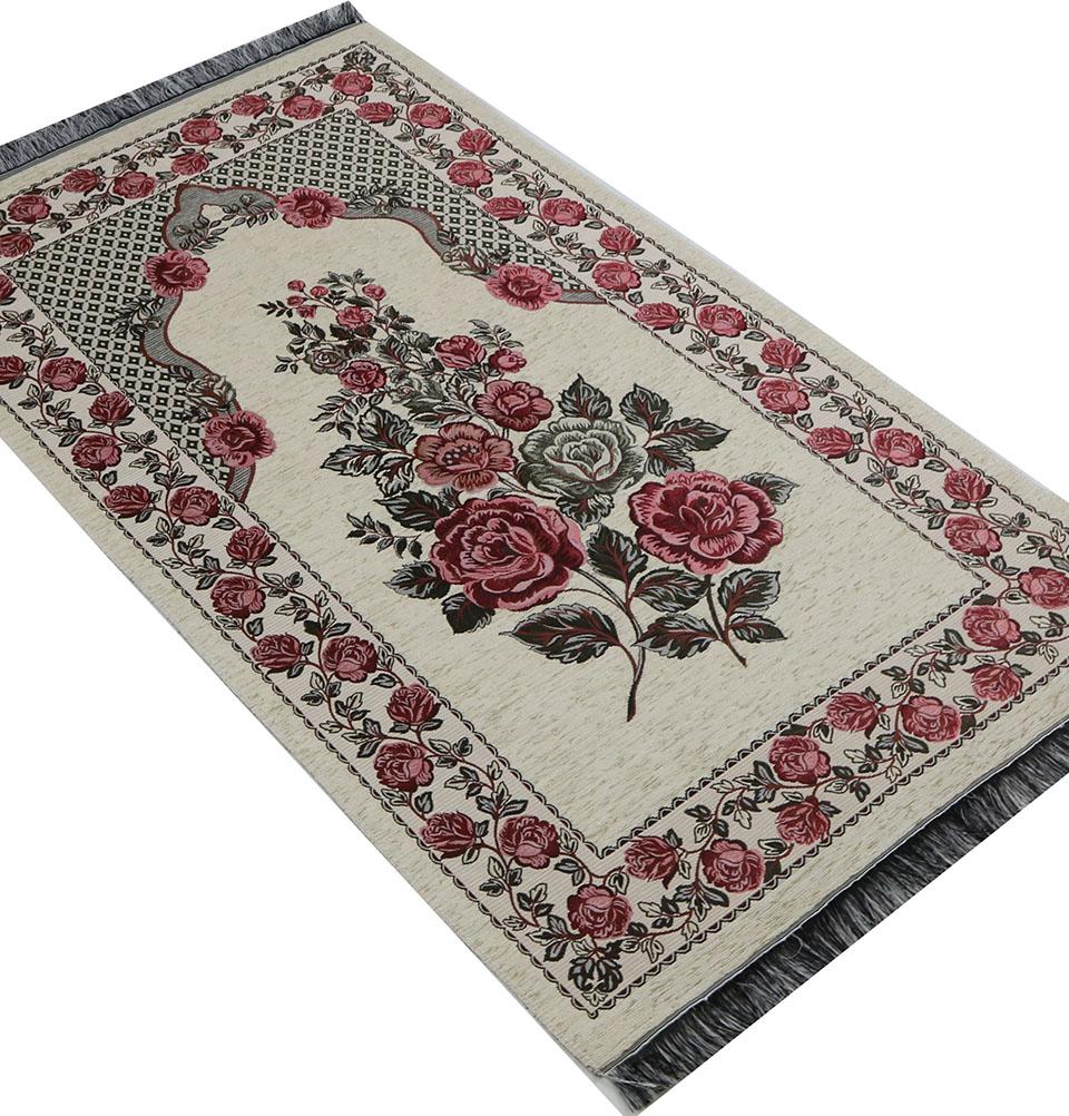 Chenille Embroidered Floral Rose Islamic Prayer Mat - Creme #2