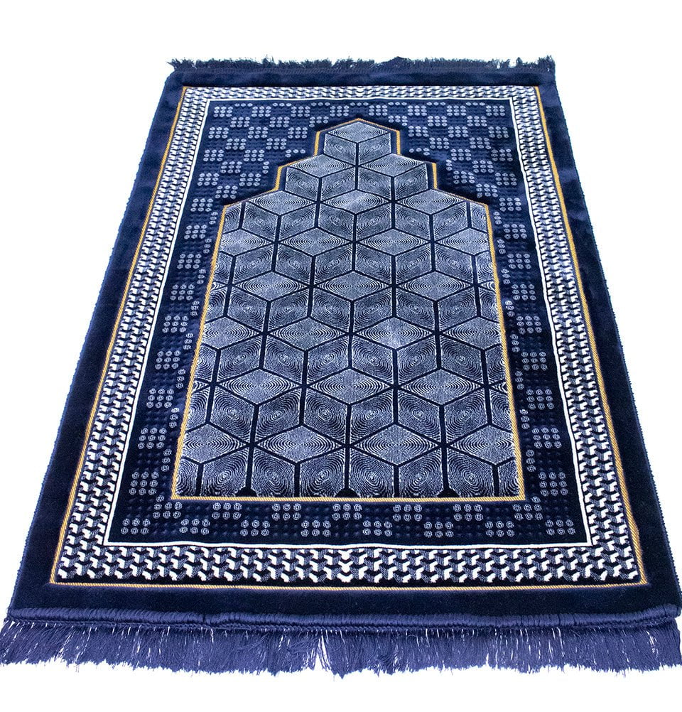 Modefa Prayer Rug Dark Blue Double Plush Wide Extra Large Prayer Rug - Geometric Noor Dark Blue