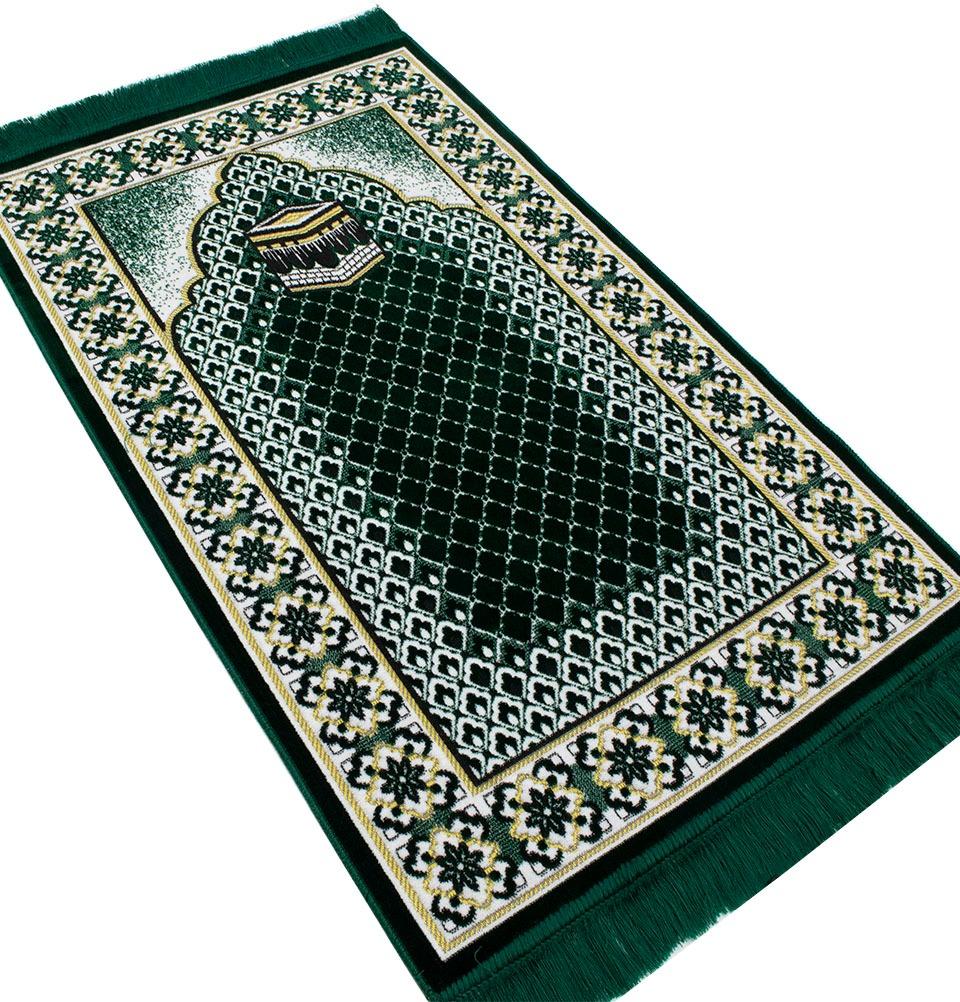 Modefa Prayer Rug Dark Green Velvet Geometric Lattice Kaba Islamic Prayer Rug - Dark Green