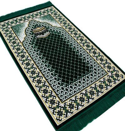 Modefa Prayer Rug Dark Green Velvet Geometric Lattice Kaba Islamic Prayer Rug - Dark Green