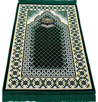 Modefa Prayer Rug Dark Green Velvet Geometric Lattice Kaba Islamic Prayer Rug - Dark Green