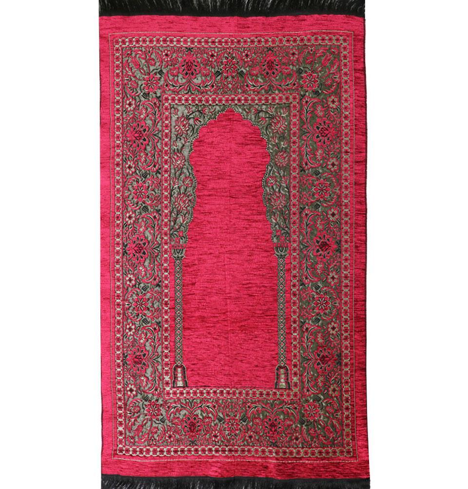 Embroidered Islamic Prayer Mat - Dark Pink