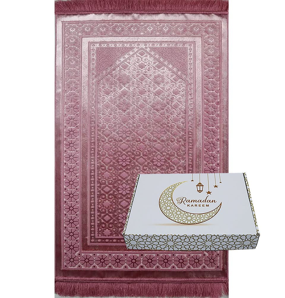 Modefa Prayer Rug Dark Pink Luxury Velvet Islamic Prayer Rug Gift Box Set with Prayer Beads - Dark Pink