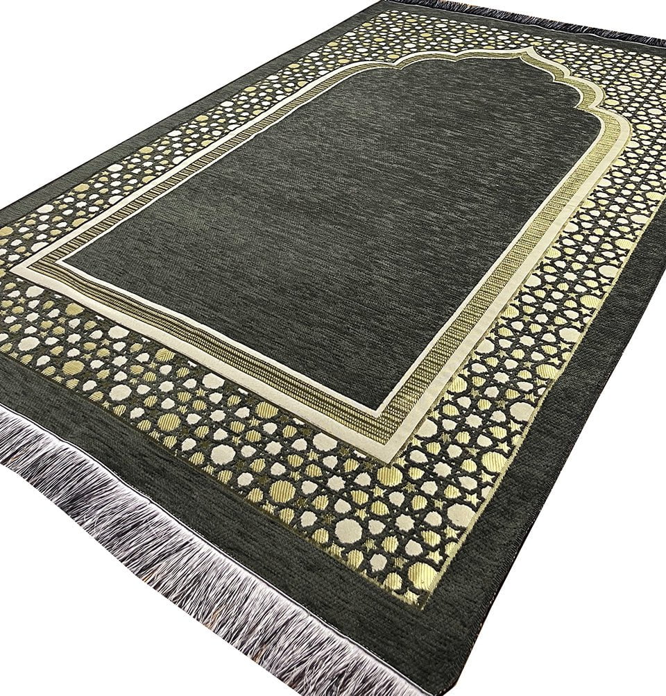 Modefa Prayer Rug Dark Sage Grey Chenille Embroidered Selcuk Star Islamic Prayer Mat - Dark Sage Grey