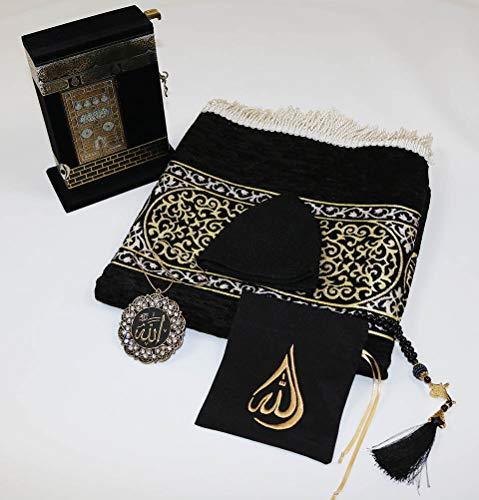 Luxury Meccan Woven Chenille Islamic Prayer Rug Black - Deluxe Gift Set with Quran
