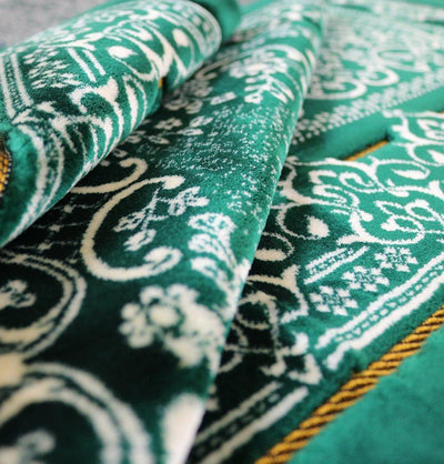 Double Plush Wide Extra Large Prayer Rug - Kaba Dark Green