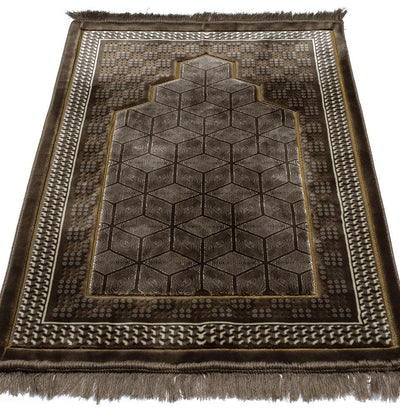 Modefa Prayer Rug Double Plush Wide Extra Large Prayer Rug - Geometric Noor Mink Brown