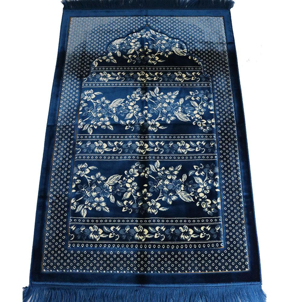 Double Plush Wide Islamic Prayer Rug - Blue Floral
