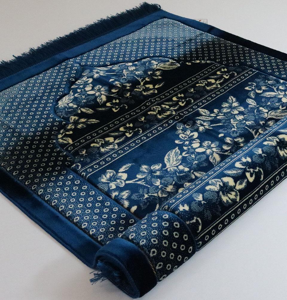 Double Plush Wide Islamic Prayer Rug - Blue Floral