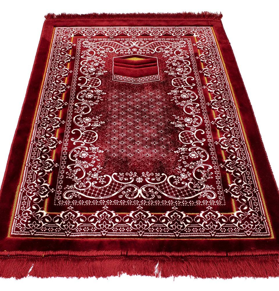Double Plush Wide Islamic Prayer Rug - Kaba Red