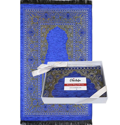 Embroidered Islamic Prayer Mat Gift Box Set with Prayer Beads - Blue