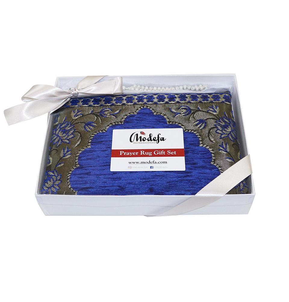 Embroidered Islamic Prayer Mat Gift Box Set with Prayer Beads - Blue
