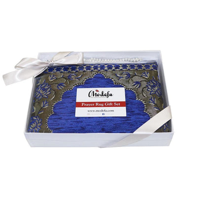 Embroidered Islamic Prayer Mat Gift Box Set with Prayer Beads - Blue