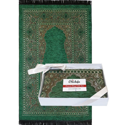 Embroidered Islamic Prayer Mat Gift Box Set with Prayer Beads - Green
