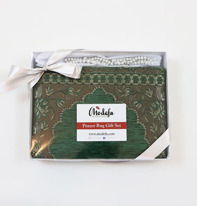 Embroidered Islamic Prayer Mat Gift Box Set with Prayer Beads - Green