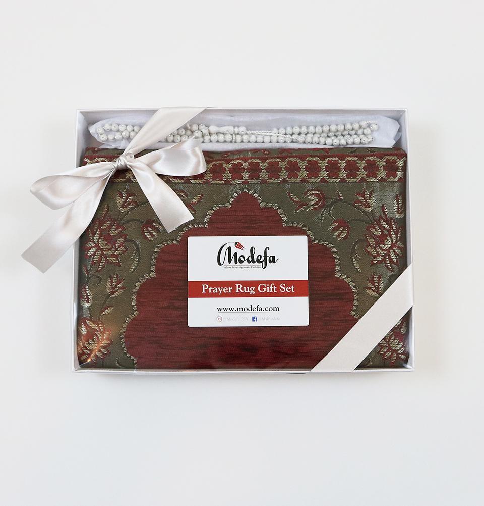 Embroidered Islamic Prayer Mat Gift Box Set with Prayer Beads - Red