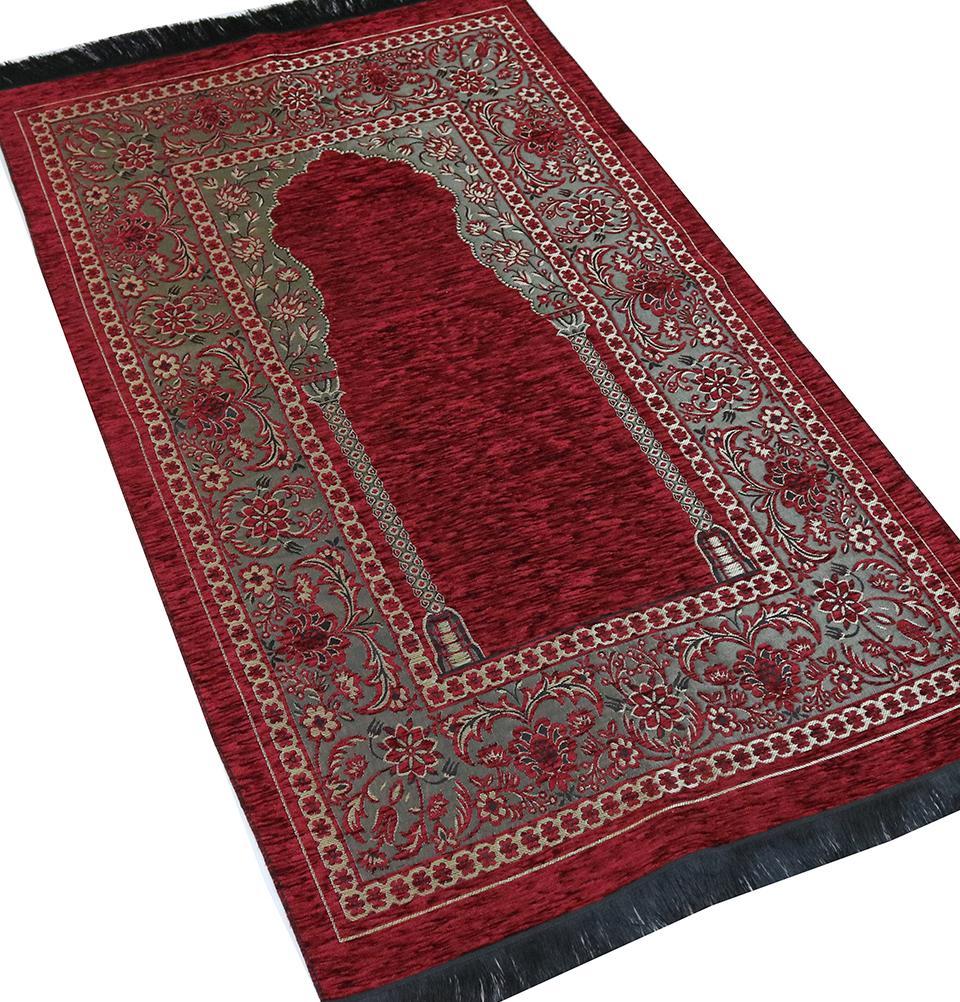 Embroidered Islamic Prayer Mat Gift Box Set with Prayer Beads - Red