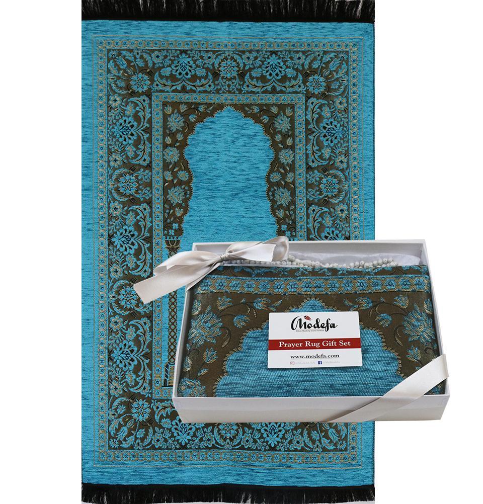 Embroidered Islamic Prayer Mat Gift Box Set with Prayer Beads - Turquoise