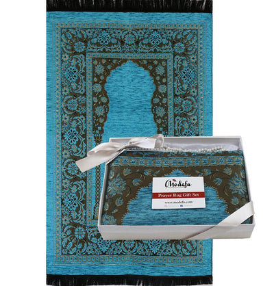 Embroidered Islamic Prayer Mat Gift Box Set with Prayer Beads - Turquoise
