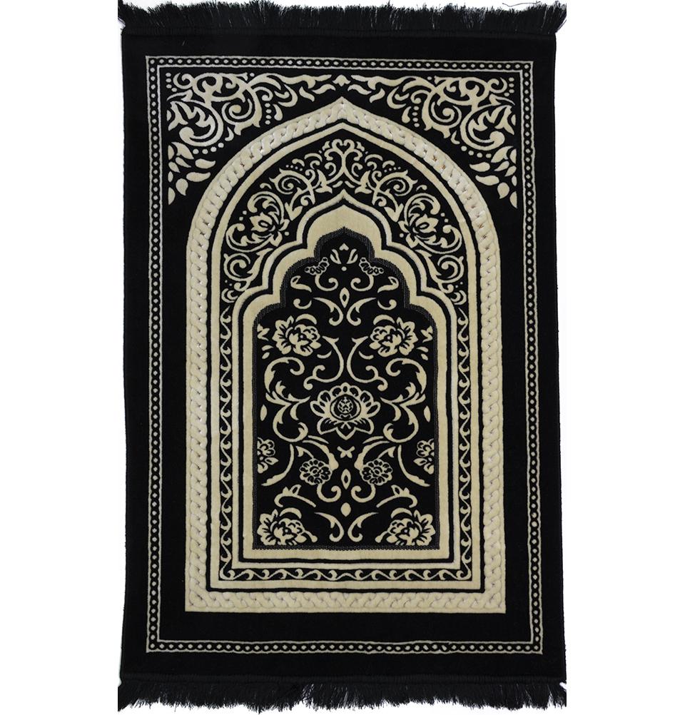 Modefa Prayer Rug Floral Arch - Black Double Plush Wide Islamic Prayer Rug - Floral Arch Black