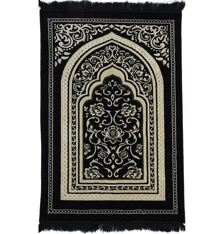 Double Plush Wide Islamic Prayer Rug - Floral Arch Black
