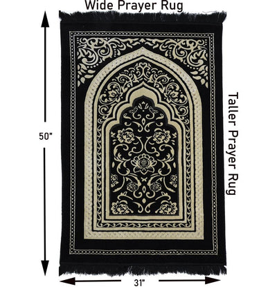 Modefa Prayer Rug Floral Arch - Black Double Plush Wide Islamic Prayer Rug - Floral Arch Black