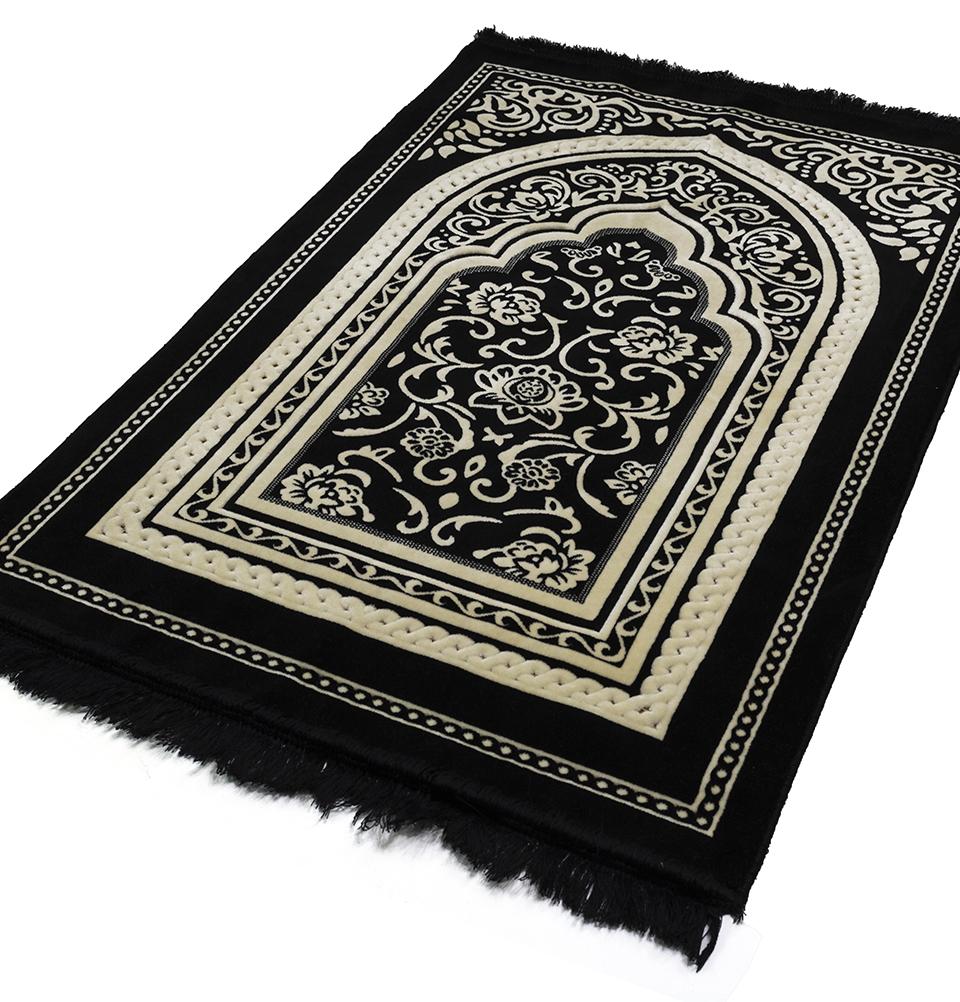 Modefa Prayer Rug Floral Arch - Black Double Plush Wide Islamic Prayer Rug - Floral Arch Black